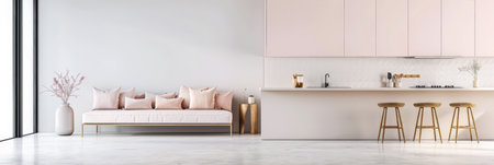 Minimalist interiors decor composition in soft pink tones with ample copy space and minimal furniture. Interiors design concept image for luxury property advertising.の素材