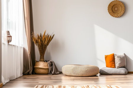 Serene room interiors with minimalist decor, minimal furniture and copy space. Luxury apartment decor concept image.の素材