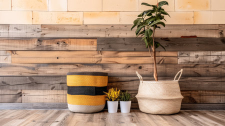 Residential interiors design composition in warm tone with natural window lighting, stylish furniture and copy space. Rustic Real Estate advertising composition.の素材