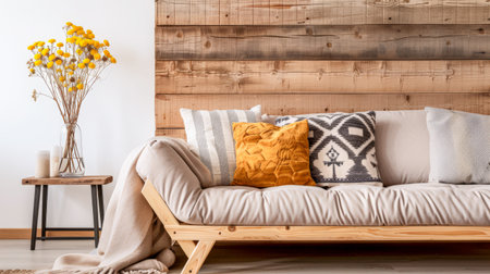 Residential interiors design composition in warm tone with natural window lighting, stylish furniture and copy space. Rustic Real Estate advertising composition.の素材