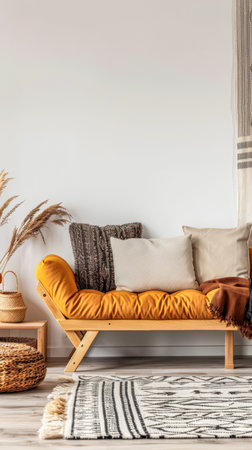 Residential interiors design composition in warm tone with natural window lighting, stylish furniture and copy space. Rustic Real Estate advertising composition.の素材