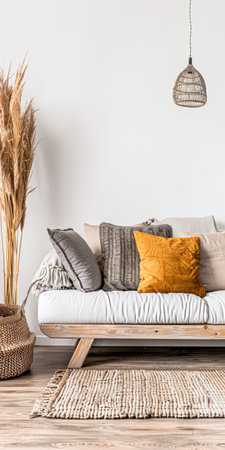 Residential interiors design composition in warm tone with natural window lighting, stylish furniture and copy space. Rustic Real Estate advertising composition.の素材