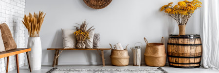 Residential interiors design composition in warm tone with natural window lighting, stylish furniture and copy space. Rustic Real Estate advertising composition.の素材