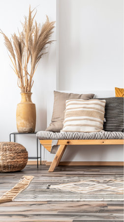 Residential interiors design composition in warm tone with natural window lighting, stylish furniture and copy space. Rustic Real Estate advertising composition.の素材