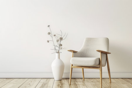 Minimalist living room interiors with rustic furniture, window lighting and copy space. Residential Real Estate composition in neutral tone.の素材