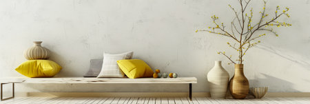 Relaxing luxury property interiors in neutral tone with bright window lighting and copy space. Residential Real Estate serene interiors design composition.の素材