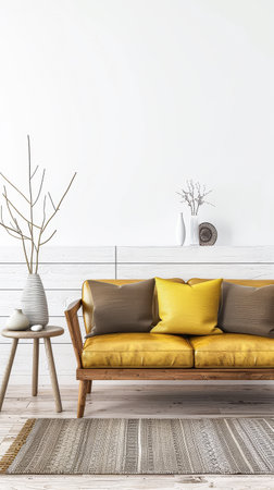 Living room interiors with rustic elements, natural lighting and copy space. Residential interiors with minimal furniture and neutral colors.の素材