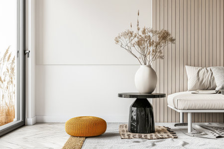 Luxury apartment composition in creamy warm colors and minimalist furniture. Residential Real Estate interiors composition.の素材
