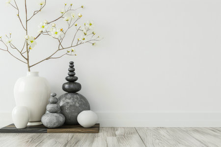Zen interiors composition in a luxury apartment with minimalist furniture and natural lighting. Calming residential interiors in neutral tone.の素材
