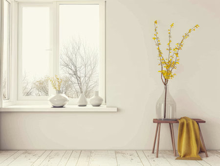 Property interiors composition with a big window providing natural lighting to a room with minimal furniture. Minimalist residential realty interiors.の素材