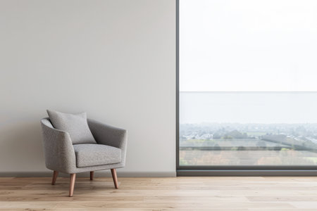 Minimalist interiors composition with a side table close to a window providing natural lighting to the room and minimal furniture arrangements. Luxury residential Real Estate interiors design for advertising.の素材