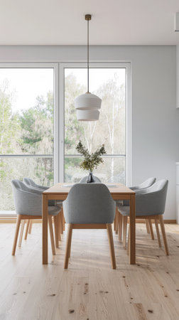 Minimalist living room interiors composition with a dinning table next to a window, no people and minimal furniture. Luxury Real Estate composition.の素材