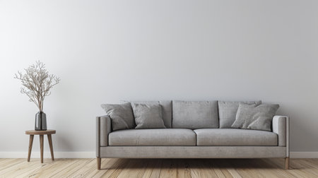 Minimalist living room interiors composition with a tv set, a sofa and a window providing natural lighting. Luxury Real Estate composition.の素材