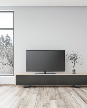 Minimalist living room interiors composition with a tv set, a sofa and a window providing natural lighting. Luxury Real Estate composition.の素材