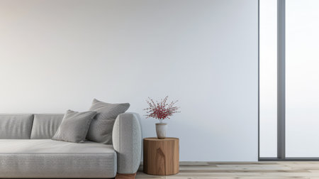 Minimalist interiors composition with a side table close to a window providing natural lighting to the room and minimal furniture arrangements. Luxury residential Real Estate interiors design for advertising.の素材
