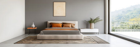 Minimalistic bedroom with minimal furniture, a bed, a window providing lighting and copy space for text. Residential Real Estate interiors composition for advertising.の素材