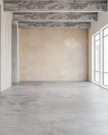 Empty room with natural lighting coming from a side window casting shadows. Interiors composition background.の素材