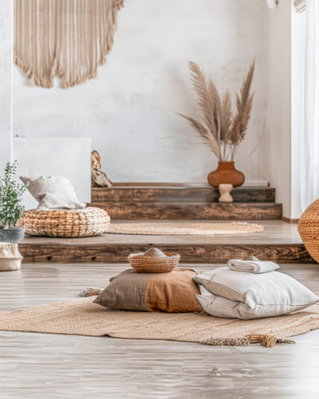 Minimalist zen interiors in warm tone with minimal furniture, natural lighting from a window and copy space. Interior design home composition.の素材