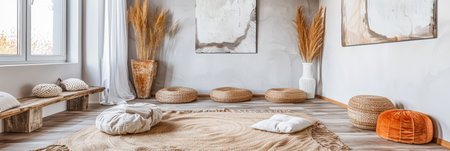 Meditation space in a room with serene vibes, minimal furniture and copyspace. Home interiors composition.の素材