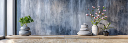 Minimalist zen room interiors with copyspace for text. Zen interior design composition with minimal decor and copyspace.の素材