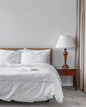 Modern hotel room with elegant bedding and stylish decor. Neutral tones and use of natural light.の素材