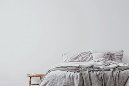 Minimalist bedroom interiors with minimal decor, neutral colors and copyspace for text. Interior design home decor composition.の素材