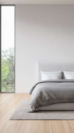 Luxurious master bedroom with a big window filling the room with natural light. Luxury residential real estate composition in neutral colors.の素材