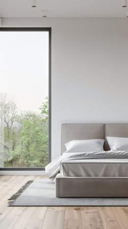 Luxurious master bedroom with a big window filling the room with natural light. Luxury residential real estate composition in neutral colors.の素材