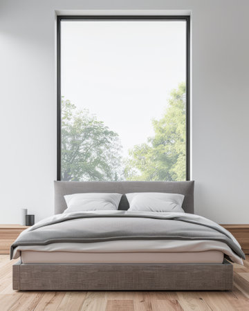 Luxurious master bedroom with a big window filling the room with natural light. Luxury residential real estate composition in neutral colors.の素材