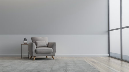 Minimalist interiors design apartment composition with minimal arrangements next to a window. Residential interiors in neutral colors.の素材