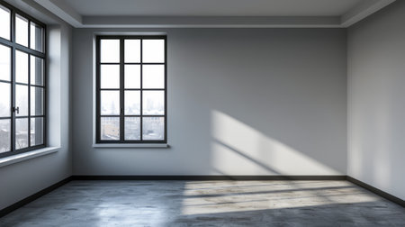 Large window in an empty luxurious room with minimal furniture and decor. Interiors designer composition for Real Estate advertising.の素材