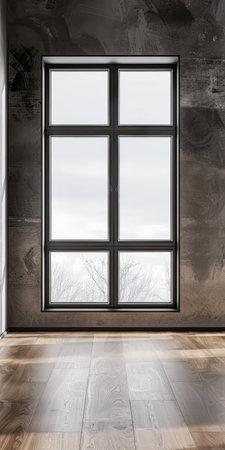Large window in an empty luxurious room with minimal furniture and decor. Interiors designer composition for Real Estate advertising.の素材