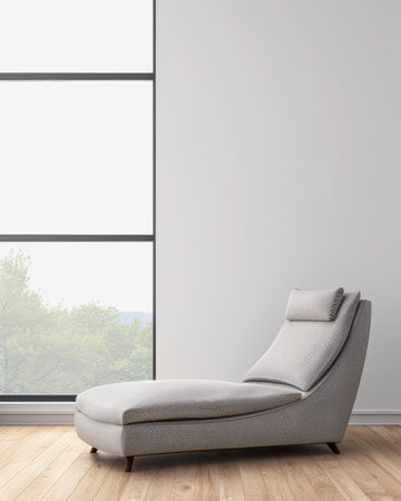 Contemporary and minimalist interiors designer composition with a stylish couch next to a large window in a living room area. Smart property indoors with minimal furniture and copy space.の素材