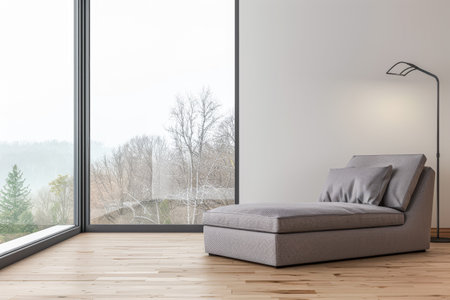 Contemporary and minimalist interiors designer composition with a stylish couch next to a large window in a living room area. Smart property indoors with minimal furniture and copy space.の素材