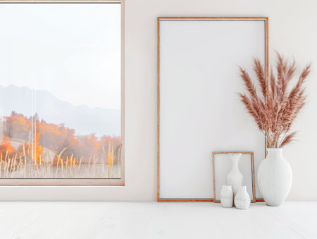 Minimalist living room interiors with minimal furniture, a large window and neutral colors. Residential Real Estate composition with copy space.の素材