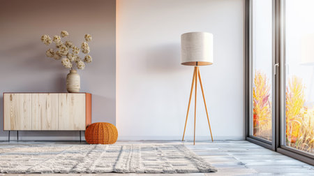 Luxury living interiors composition with a lamp, minimal furniture and plain lighting coming from a large window. Residential Real Estate interiors design.の素材