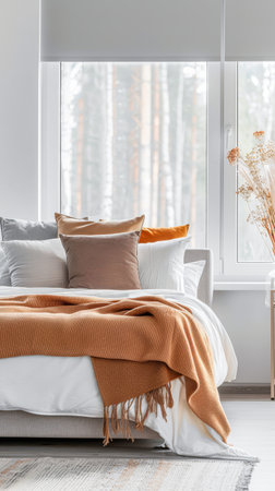 Bedroom interiors in neutral colors with a bed next to a large window filling the room with lighting. Relaxing Real Estate interiors design composition.の素材