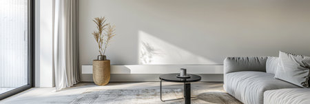 Interiors designer composition in a luxury minimalist property with minimal furniture, copy space and neutral colors.の素材