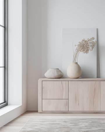 Room interiors composition with an stylish sideboard next to a large window providing lighting, minimal furniture and ample copy space. Residential Real Estate interiors design.の素材