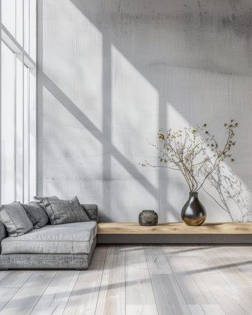 Minimalist living room interiors in neutral colors and minimal furniture. Residential Real Estate interiors design Japanese composition.の素材