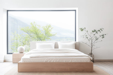 Minimalist bedroom interiors composition in neutral colors with a bed, natural lighting and minimal furniture. Rest conceptual image with copy space.の素材