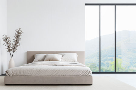 Minimalist bedroom interiors composition in neutral colors with a bed, natural lighting and minimal furniture. Rest conceptual image with copy space.の素材