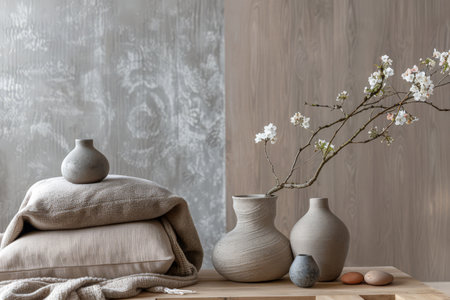Minimalist zen interior design in beige with natural elements and light. Relaxing interiors, meditation room concept.の素材