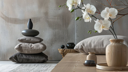 Minimalist zen interior design in beige with natural elements and light. Relaxing interiors, meditation room concept.の素材