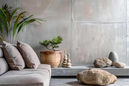 Minimalist zen interior design in beige with natural elements and light. Relaxing interiors, meditation room concept.の素材