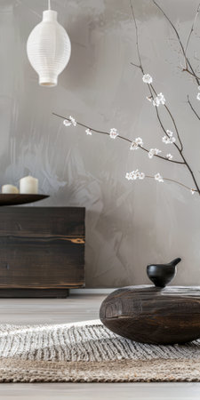Minimalist zen interior design in beige with natural elements and light. Relaxing interiors, meditation room concept.の素材