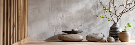 Minimalist zen interior design in beige with natural elements and light. Relaxing interiors, meditation room concept.の素材