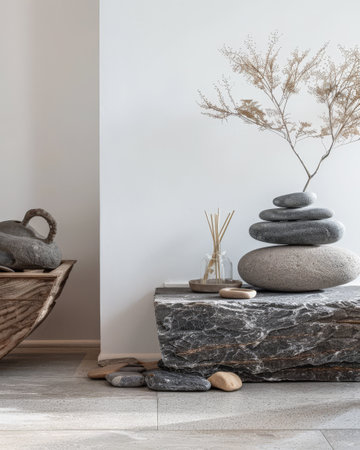 Minimalist zen interior design in beige with natural elements and light. Relaxing interiors, meditation room concept.の素材