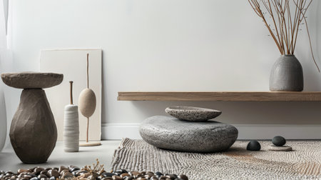 Minimalist zen interior design in beige with natural elements and light. Relaxing interiors, meditation room concept.の素材