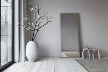 Minimalist property interiors composition with minimal furniture, a large window and a mirror in an empty room. Interiors design composition in mute colors with copy space.の素材